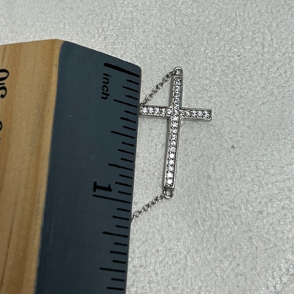 Sterling Silver Sideways Cross Necklace Dainty Clear Crystals Stamped 925 18"L - Picture 8 of 12